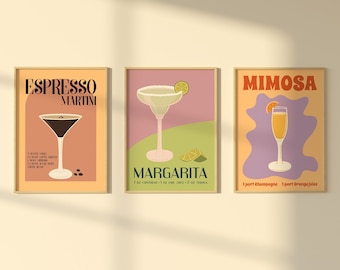 Cocktail Print Set of 3, Physical Large Prints, Colorful Cocktail Gallery Wall Set, Trendy Wall Art, Bar Cart Prints, Kitchen Wall decor