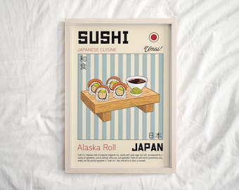 Stampa di sushi, arredamento giapponese, cultura giapponese, cibo asiatico, poster culturale, decorazione da parete moderna per cucina, arte da parete per cucina, stampa gastronomica