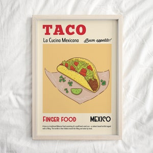 Taco Print, Retro Meksykańska dekoracja kuchni, Sztuka jedzenia, Mid Century Modern, Kuchnia meksykańska, Parapetówka, Plakat wystawowy, Duża sztuka ścienna retro