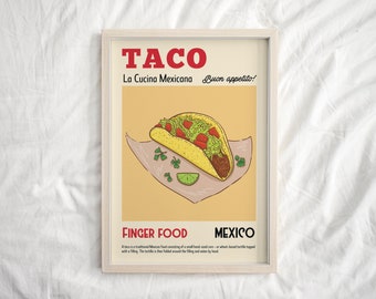Impresión de tacos, decoración de cocina retro mexicana, arte gastronómico, modernidad de mediados de siglo, cocina mexicana, inauguración de la casa, póster de exposición, arte de pared retro grande