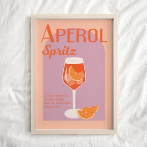 Retro Cocktail Aperol Spritz, Illustration, Wandkunst, Poster, Bar, Küche, Geschenk, Bunte Retro Wand, Hausbar Dekor, Rosa Wand Kunst
