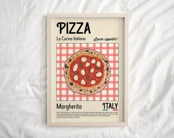 Pizza Margherita Print, Retro Kitchen Decor, Food Art, Mid Century Modern, Rome, Italy Art, Housewarming, Exhibition Poster, Retro Wall Art