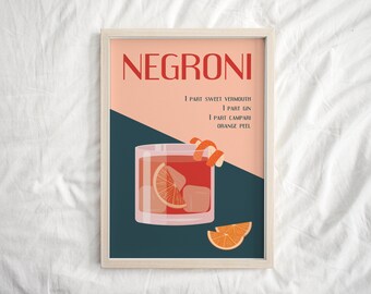Negroni Cocktail Print, Retro Cocktail Print, Cocktail Wall Art Print, Cocktail Art, Drink Print Art, Printable Cocktail, Dorm wall Decor