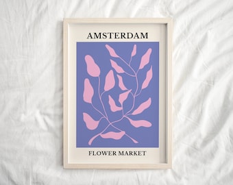 Poster bloemenmarkt, prints bloemenmarkt, Les Fleurs, bloemenmarkt Amsterdam, poster paarsroze, poster slaapzaal, esthetische kamerinrichting