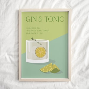 Gin-tonic print, retro muurkunst, barwagen poster, thuisbar decor, keuken muurkunst, pastel poster print, kleurrijke alcohol print