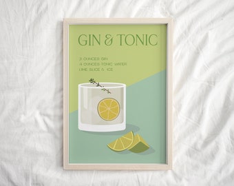 Gin and Tonic Print, Retro Wall Art, Bar Cart Poster, Home Bar Decor, Kitchen Wall Art, Pastel Poster Print, Colorful Alcohol Print