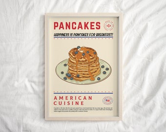 Pancakes Print, Retro Kitchen Decor, Food Art, Mid Century Modern, American Cuisine, Housewarming, Exhibition Poster,  Large Retro Wall Art