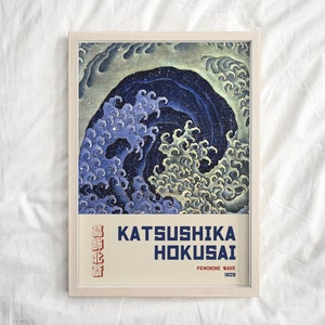 Navy Blue Feminine Wave, Katsushika Hokusai Exhibition Poster, Hokusai Home Wall Art, Blue Japanese Art Prints, Modern Prints, Fall decor
