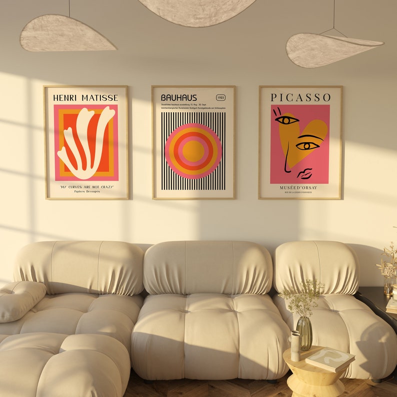 Experience a dynamic fusion of art movements with this 3-piece set. Combining the rhythmic energy of Matisse's 'Dance' with the geometric forms of Bauhaus, this collection offers a captivating exploration of color, movement, and form.