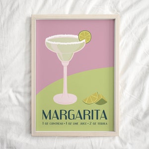 Stampa di drink Margarita, arte murale Boho colorata, arte da bar stampabile, stampe di carrelli da bar, poster di cocktail retrò, decorazioni murali per bevande, rosa groovy