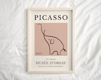 Picasso - Elephant, Exhibition Vintage Line Art Poster, L'éléphant Minimalist Line Drawing, Ideal Gift, Vintage Print, Denmark pastel decor