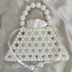 Mini Pearl Clutch, Handmade Beaded Purse, Bridal Bag with Satin Pouch, Small Wedding Evening Bag, Cream Beads Purse