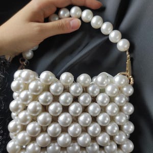Mini Pearl Handbag, Bridal Beaded Clutch with Satin Pouch, Cream Bead Purse for Wedding & Evening, Handmade Elegant Bag