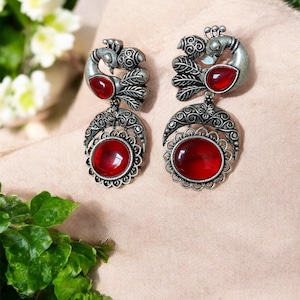 Handcrafted Oxidised  Silver Earrings Gift - Peacock shaped earrings for women  Beautiful Red Stone And Peacock Earrings