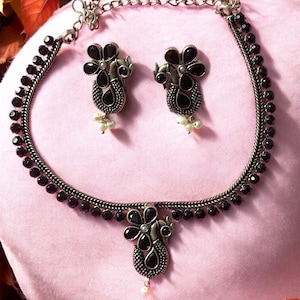 Peacock design oxidized silver Black stone  with pendent matching Earrings . handmade jewellery