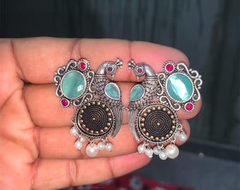 Oxidized German Silver Peacock Jhumka Earrings, Indian Jewelry