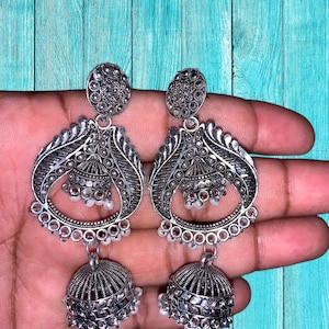 Oxidized Silver Handmade Pearl Jhumka Earrings For Women