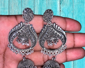 Handcrafted Oxidized Silver Jhumka Indian Style Dangles