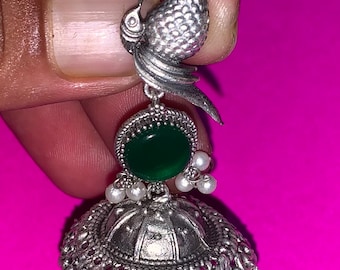 Oxidierte Silber Jhumka Ohrringe: Indischer Edelstein & Perle baumeln Schmuck