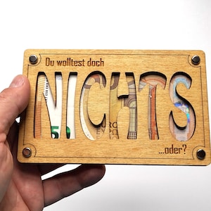 Cadeaukaart van hout in thee-look 'Je wilde toch niets...' – Perfect geldelijk cadeau voor verjaardagen, bruiloften, jubilea en meer