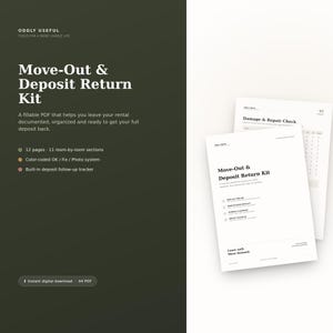Puede incluir: Un conjunto de documentos digitales Move-Out & Deposit Return Kit con páginas blancas y texto negro. La portada muestra el título, una lista de verificación y la frase Leave well. Move forward. Una segunda página muestra una tabla de Damage & Repair Check.