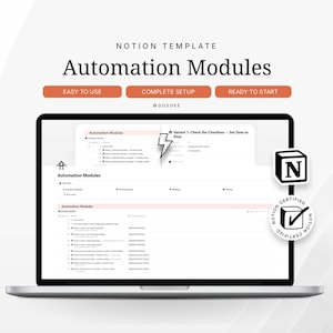May include: A laptop displaying a Notion template titled "Automation Modules." The screen shows a checklist and a lightning bolt icon. The template is labeled "Easy to Use," "Complete Setup," and "Ready to Start." A Notion Certified badge is also visible.