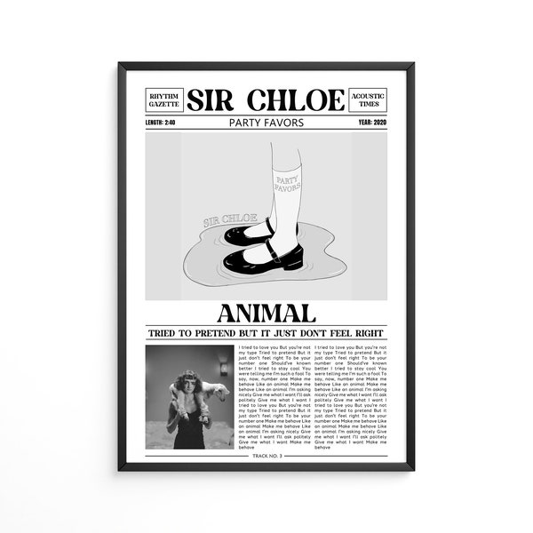 Sir Chloe Retro Newspaper Print / Animal Poster / Lyrics Print / Party Favors Poster / Music Gift