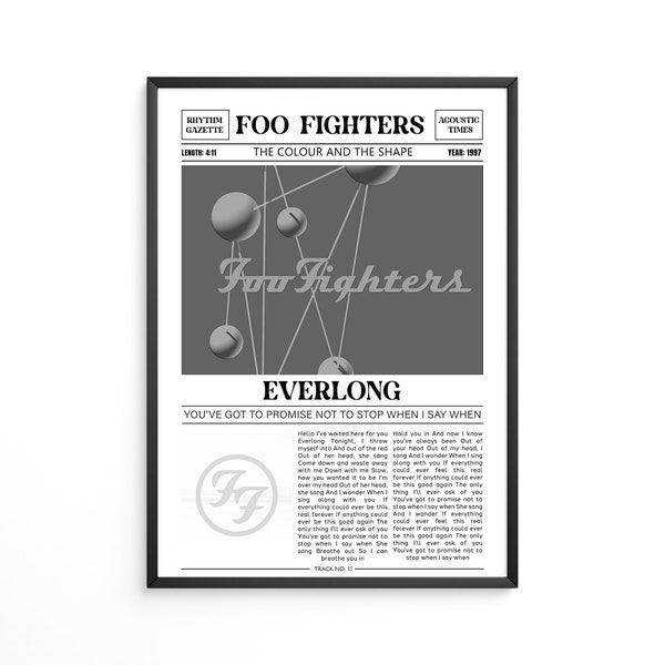 Foo Fighters Retro Newspaper Print / Everlong Poster / Lyrics Print / The Color And The Shape Poster / Music Gift