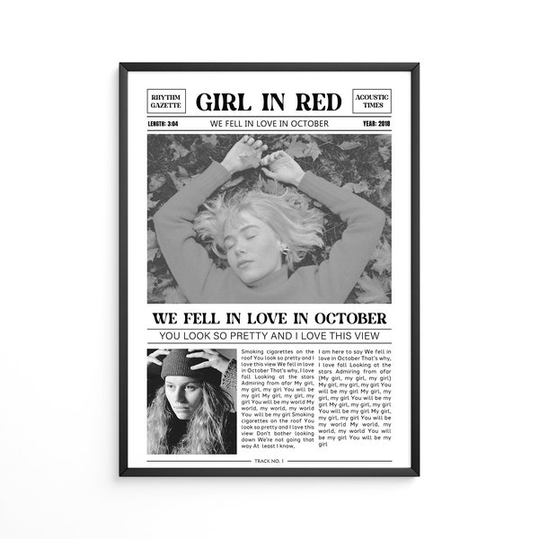 Girl In Red Retro Newspaper Print / We Fell In Love In October Poster / Lyrics Print / Music Gift