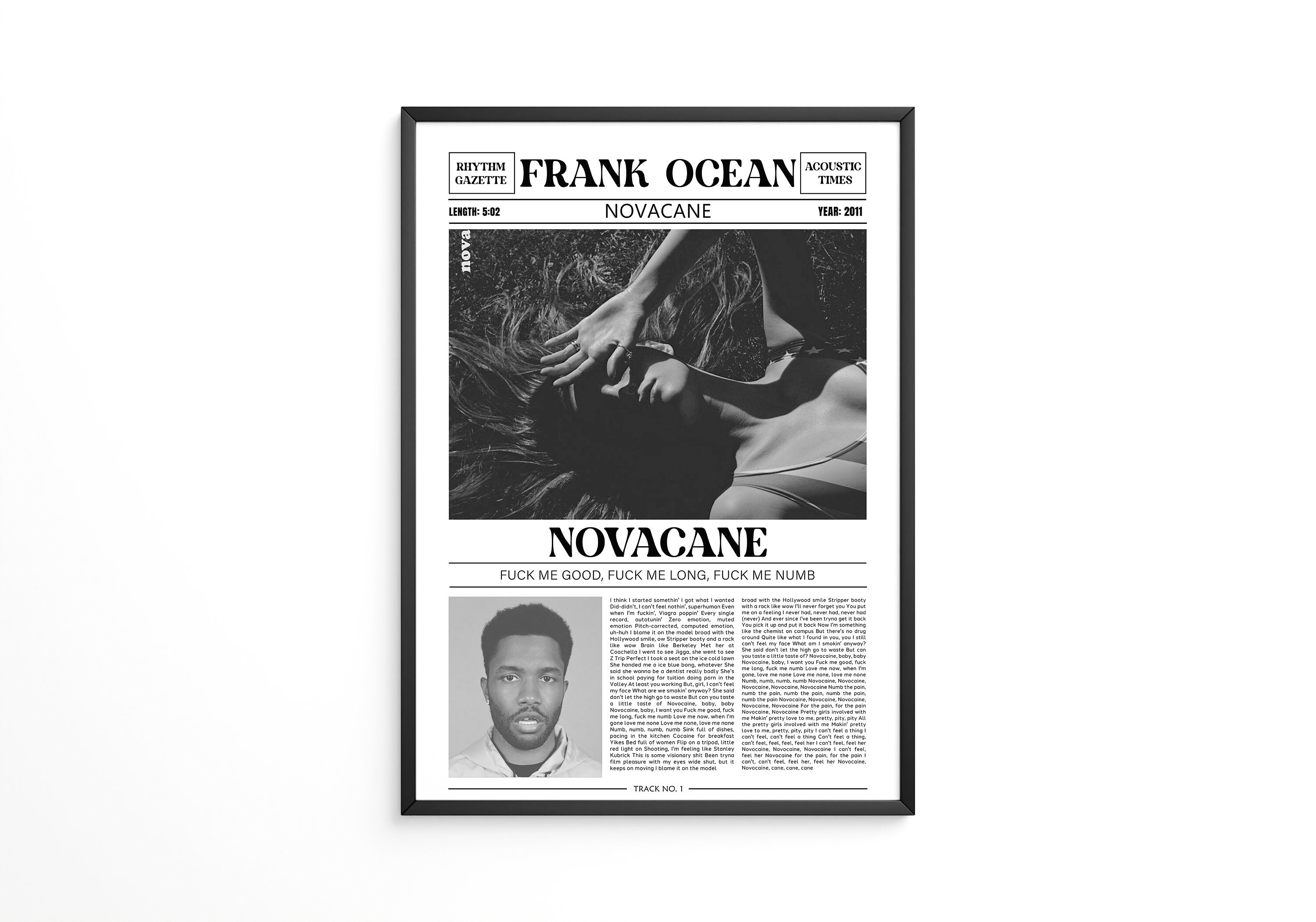 Frank Ocean Retro Newspaper Print / Novacane Poster / Lyrics Print / Frank Ocean Merch / Music