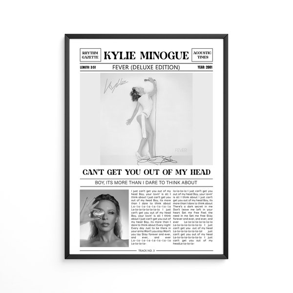 Kylie Minogue Retro Newspaper Print / Can't Get You Out Of My Head Poster / Lyrics Print / Fever (Deluxe) Poster / Music Gift