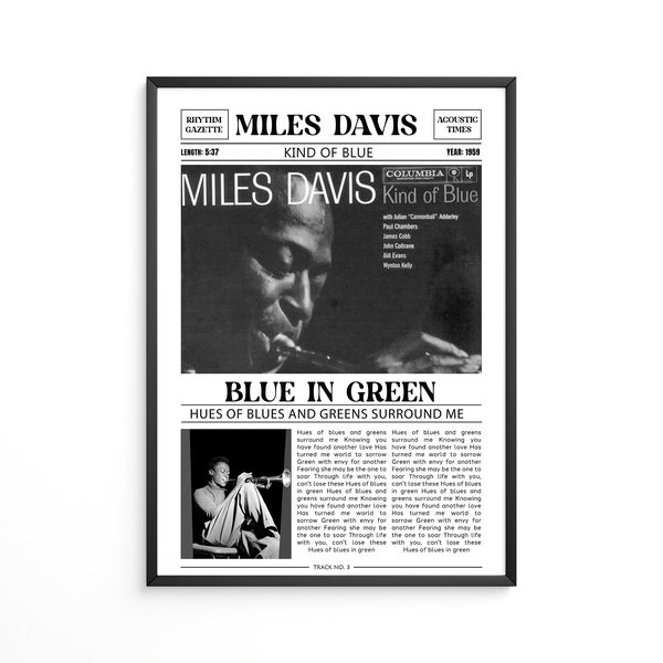 Miles Davis Retro Newspaper Print / Blue In Green Poster / Lyrics Print / Kind Of Blue Poster / Music Gift