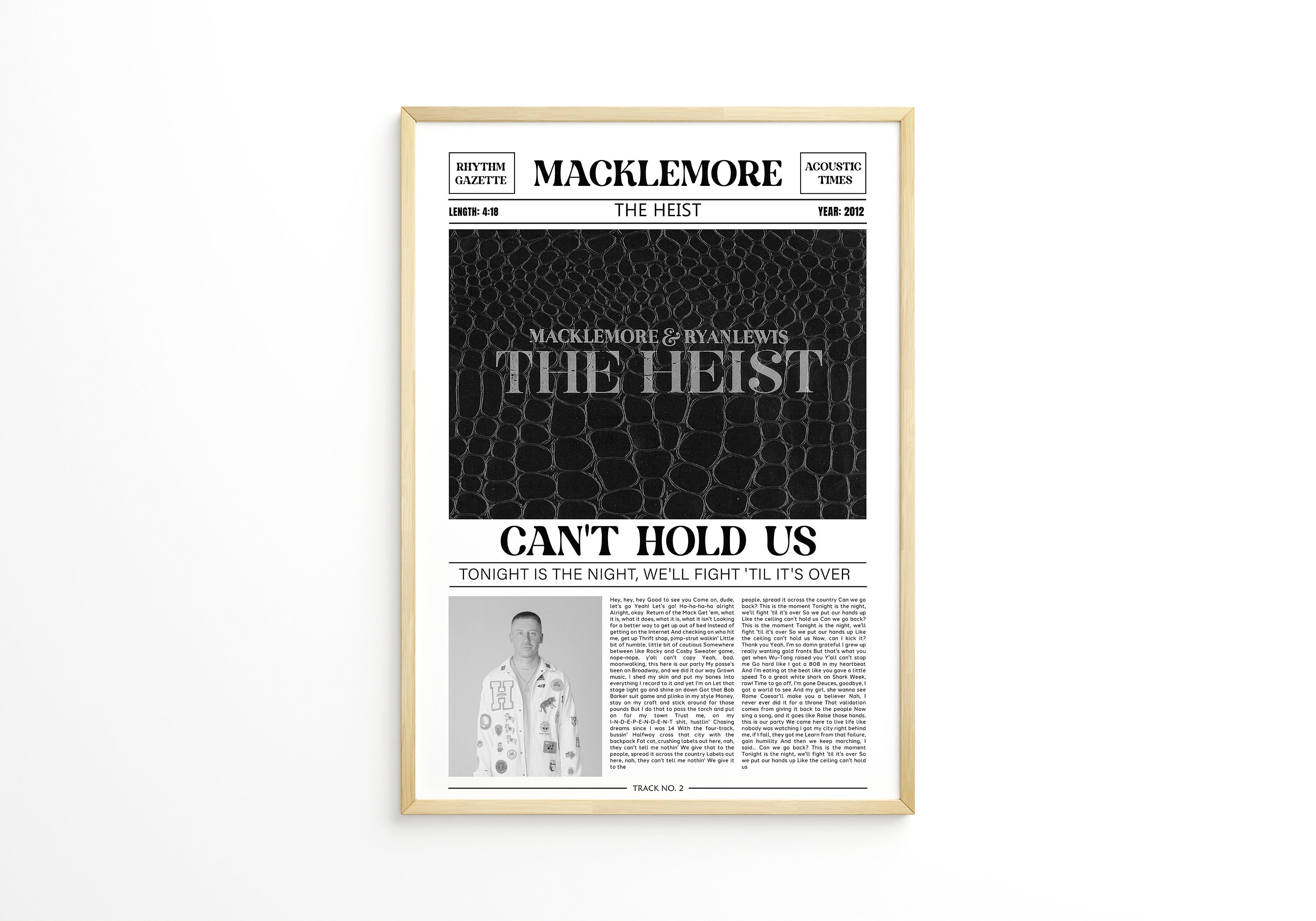 Macklemore Retro Newspaper Print / Can't Hold Us Poster