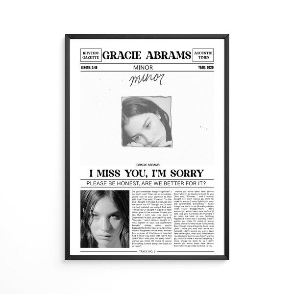 Gracie Abrams Retro Zeitungsdruck / I Miss You, Es tut mir leid Poster / Songtext Print / kleines Poster / Musikgeschenk