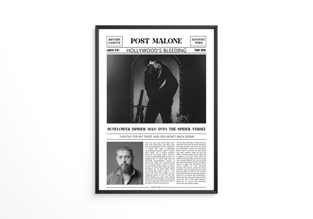 Post Malone Retro Newspaper Print / Sunflower Poster / Lyrics Print