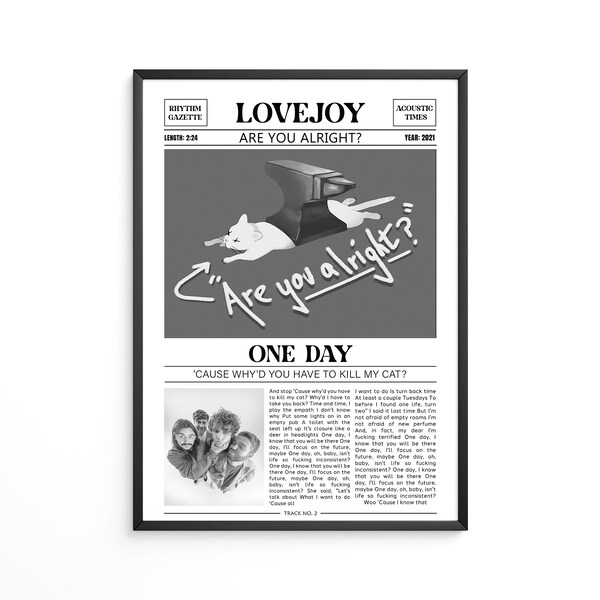 Lovejoy Retro Newspaper Print / One Day Poster / Lyrics Print / Are You Alright? Poster / Lovejoy Merch / Music Gift