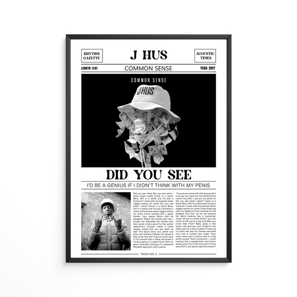 J Hus Retro Newspaper Print / Did You See Poster / Lyrics Print / Common Sense Poster / J Hus Merch / Music Gift