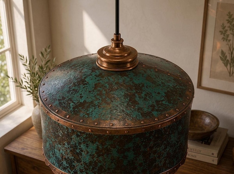 Copper Pendant Light With Green Patina Dome, Hand-hammered Ceiling Lamp ...