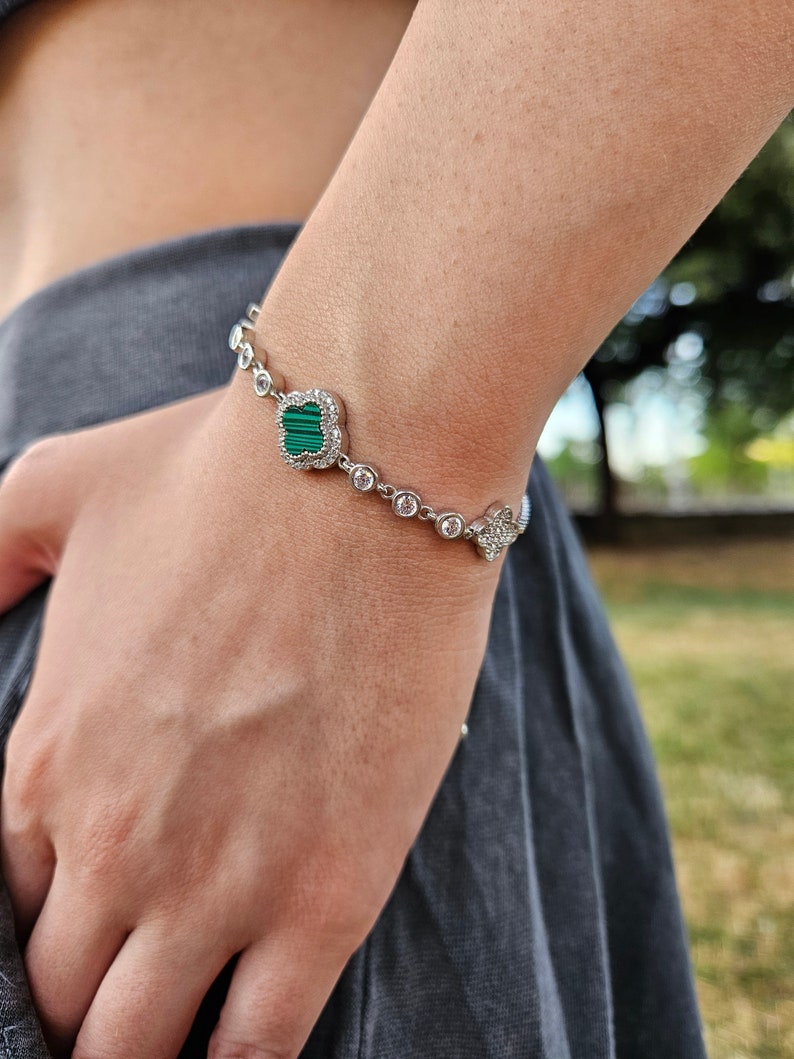 Van Cleef 925 Sterling Silver Bracelet, Green Four Leaf Clover Bracelet