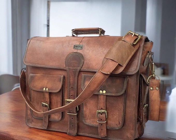 Personalized Leather Messenger Bag: Vintage Brown Crossbody Laptop Briefcase