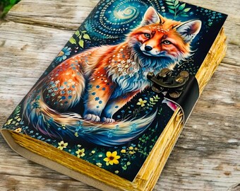 Vintage Fox Leather Grimoire – Celestial Pagan Spell Journal, Blank Notebook