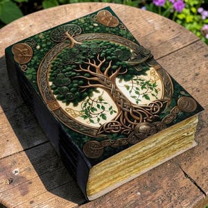 May include: A rectangular book with a dark green cover featuring a central illustration of a tree with intertwined roots and branches inside a circular frame. The book has thick, textured, light yellow pages and a metallic clasp on the side.