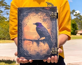 Raaf groot leren dagboek grimoire notitieboek - antiek deckle edge papier gotisch cadeau