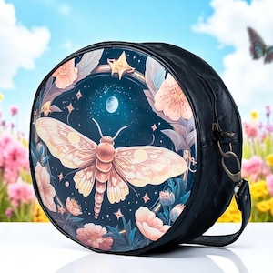 Celestial Gothic Luna moth Cute women crossbody purse Round Messenger Bag Lunar Witch Aesthetic Shoulder Purse leather strap Satchel Bag