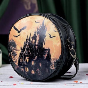 Haunted House Gothic Crossbody Bag Vegan Leather Round Castle Halloween Bag October  Pumpkin Spice Gift for Witchy Lovers  Handbag
