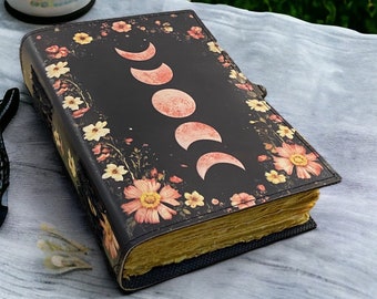 Diario de cuero con fases lunares: Libro de sombras hecho a mano con papel de borde deshilachado