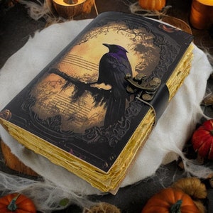Dziennik skórzany Gotycki notatnik Raven Grimoire Print - zabytkowy ręcznie robiony dziennik Księga cieni Dziennik czarownic Prezenty dla mężczyzn,