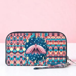 Luna Moth Leather Clutch Wallet – Boho Moon Phases Wristlet, Handmade Zip Wallet, Colorful Festival Purse, Artist-Designed Gift for Women