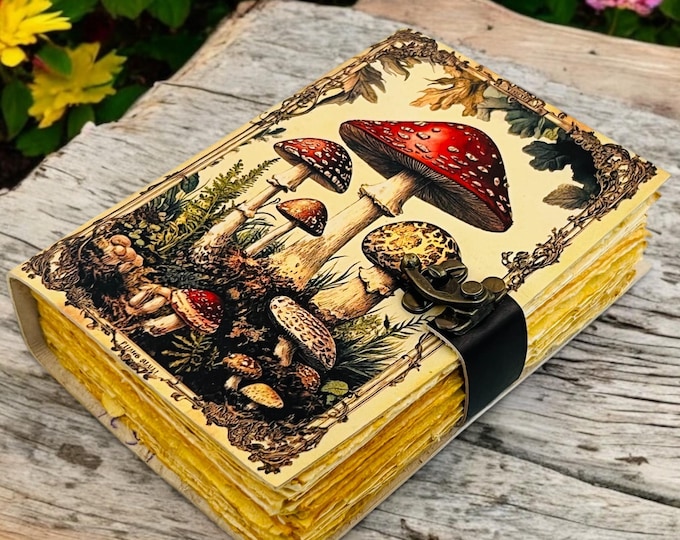 Mushroom Leather Journal, Handmade Book of Shadows, Vintage Grimoire Notebook, Deckle Edge Paper Spell Book, Witchcraft Pagan Gift