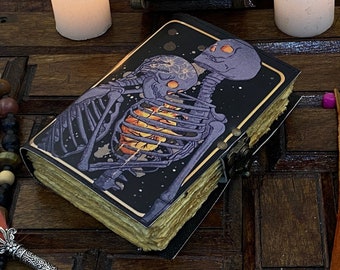 Book of Spells Grimoire Printed Journal The Lovers Tarot Notebook Spiral Gothic Notebook Skull lover Handmade Vintage 200 Deckle edge Paper